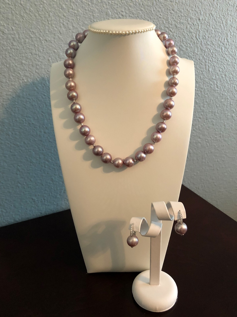 FW Mauve Round Pearl Strand with Rhodium Sterling Silver Diamond Cut Beads