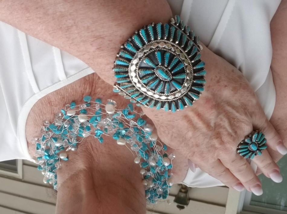 Wearing pearls and Native American Turquoise
