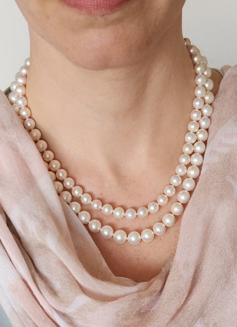 Double strand freshwater pearl necklace worn