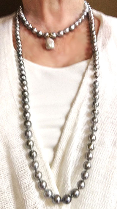 two strands together to make a rope. Size is 8-10 mm, incredible luster, they appear silver/blue