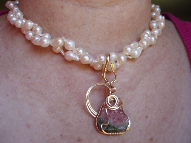 baroque akoyas with wire wrapped watermelon tourmaline pendant.jpg