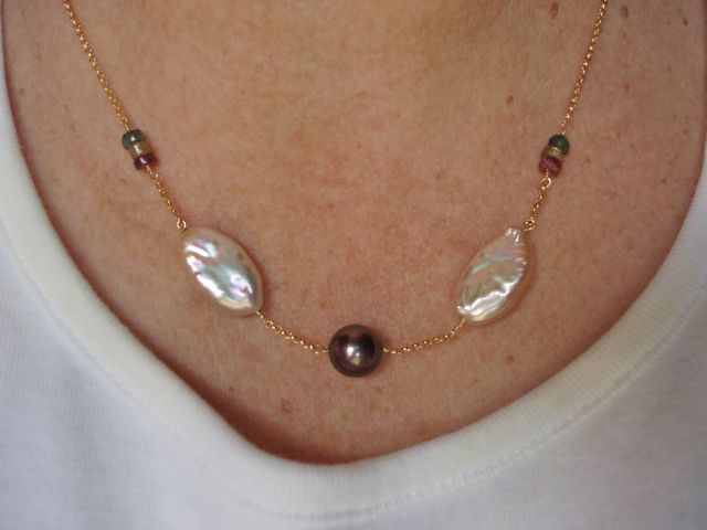 Cultured FWP (believed American), Tahitian and tourmalines necklace neck shot.jpg