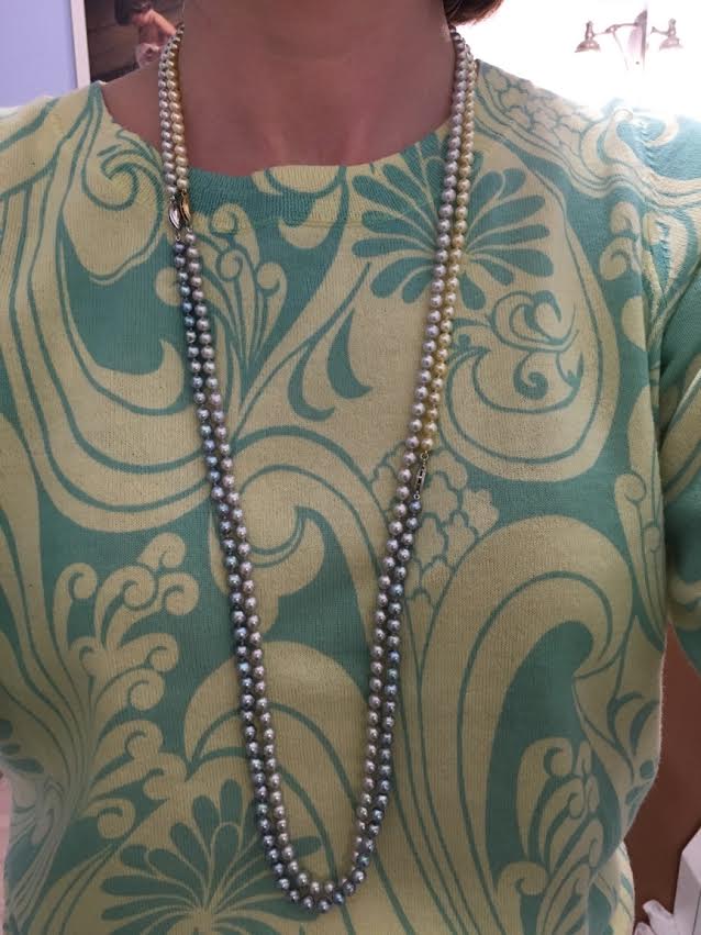 Rope with 18 golden akoya, 18 blue akoya, 36 rope pistachio akoya selected from Pearl Paradise