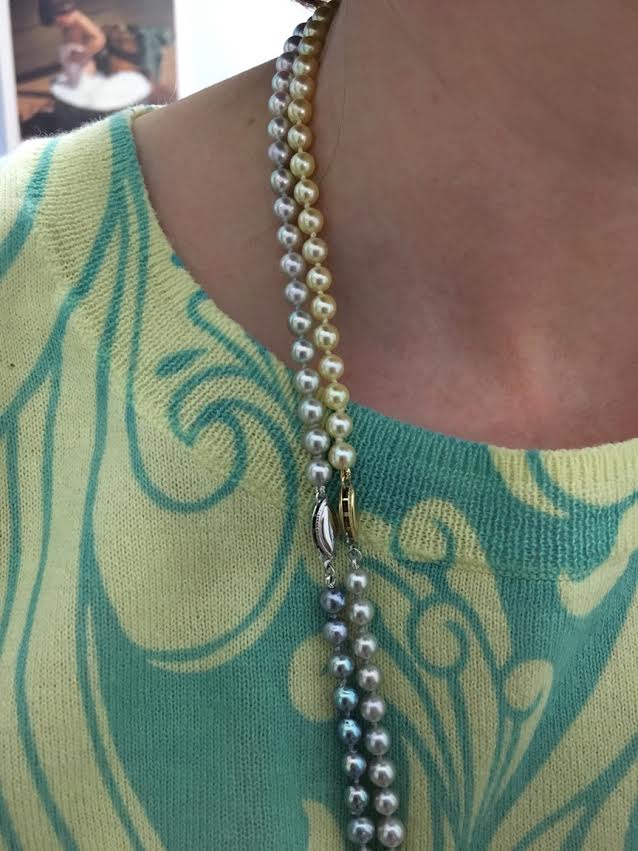 Rope with 18 golden akoya, 18 blue akoya, 36 rope pistachio akoya selected by Hisano - Pearl Paradise