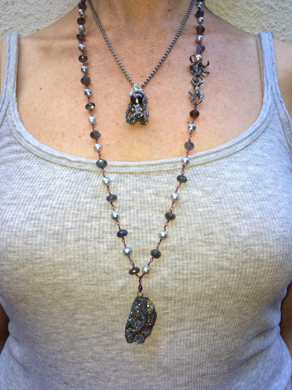  sterling squidlet set with a Tahitian drop, and a baroque akoya and faceted labradorite wire-wrapped necklace with a detachable titanium druzy pendant and a detachable mermaid-octo clasp, 8mm metallic FW drop in the octo's head