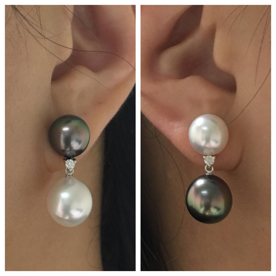 White south sea and Tahitian two pearl earrings