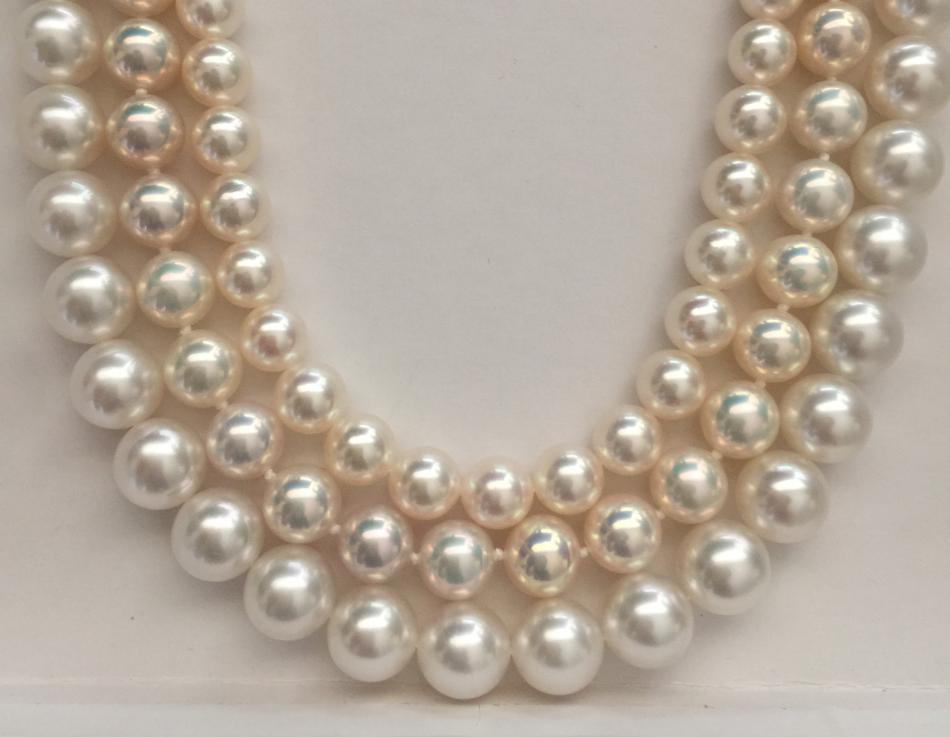 Top Hanadama akoya, Middle metallic freshadama freshwater, Bottom white South Sea pearls