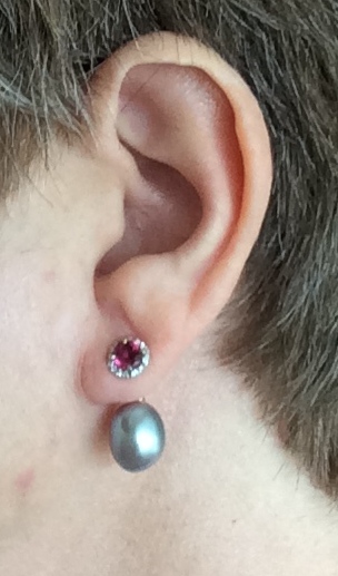 Tourmaline and the weeist diamonds ever studs, with the Kojima blue grey drops hung off the back of the pos