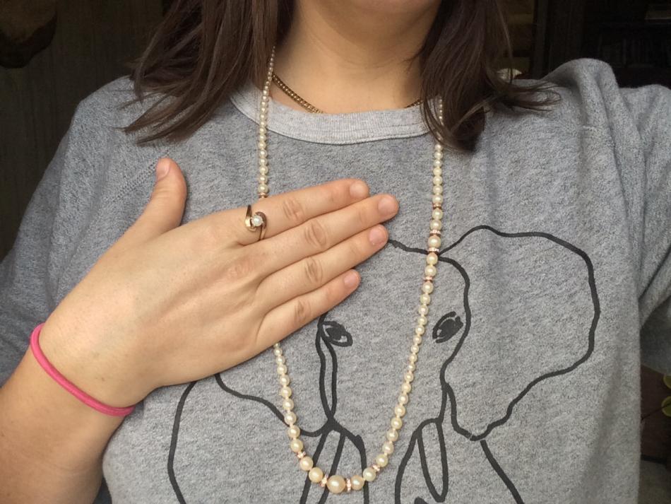reworked akoya wave necklace with my mom's yellow gold and akoya ring