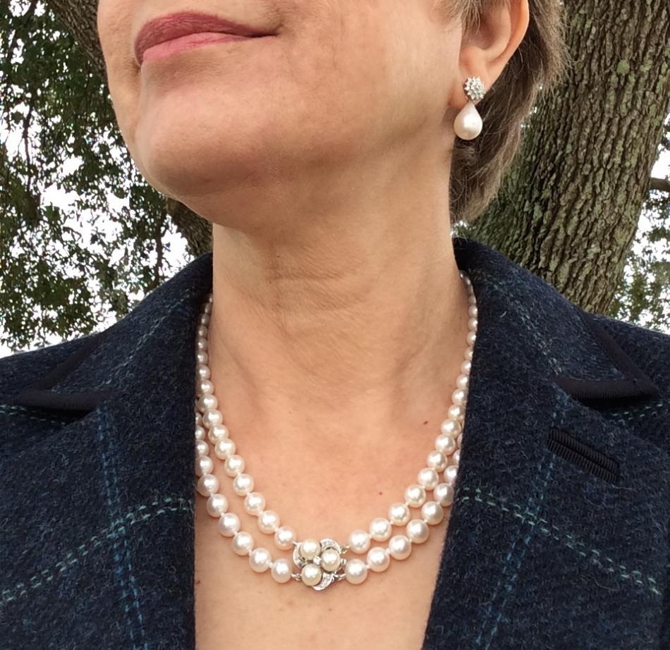 Grandmother's necklace (actually PP Freshadamas and Nana's pearl clasp) and my Kojima teardrops worn as an earring jacket with diamond pave studs
