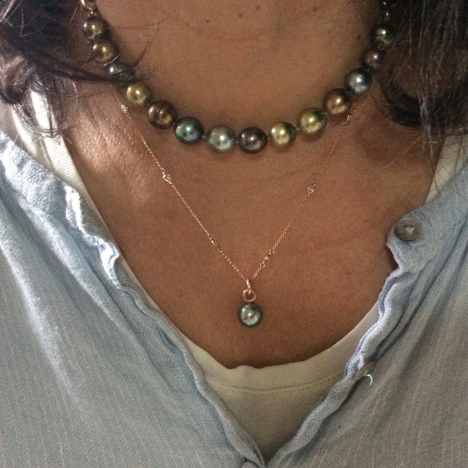  Fiji pearl combos - 2 bracelets worn as a necklace, with a blue/green pastel Kamoka pendant