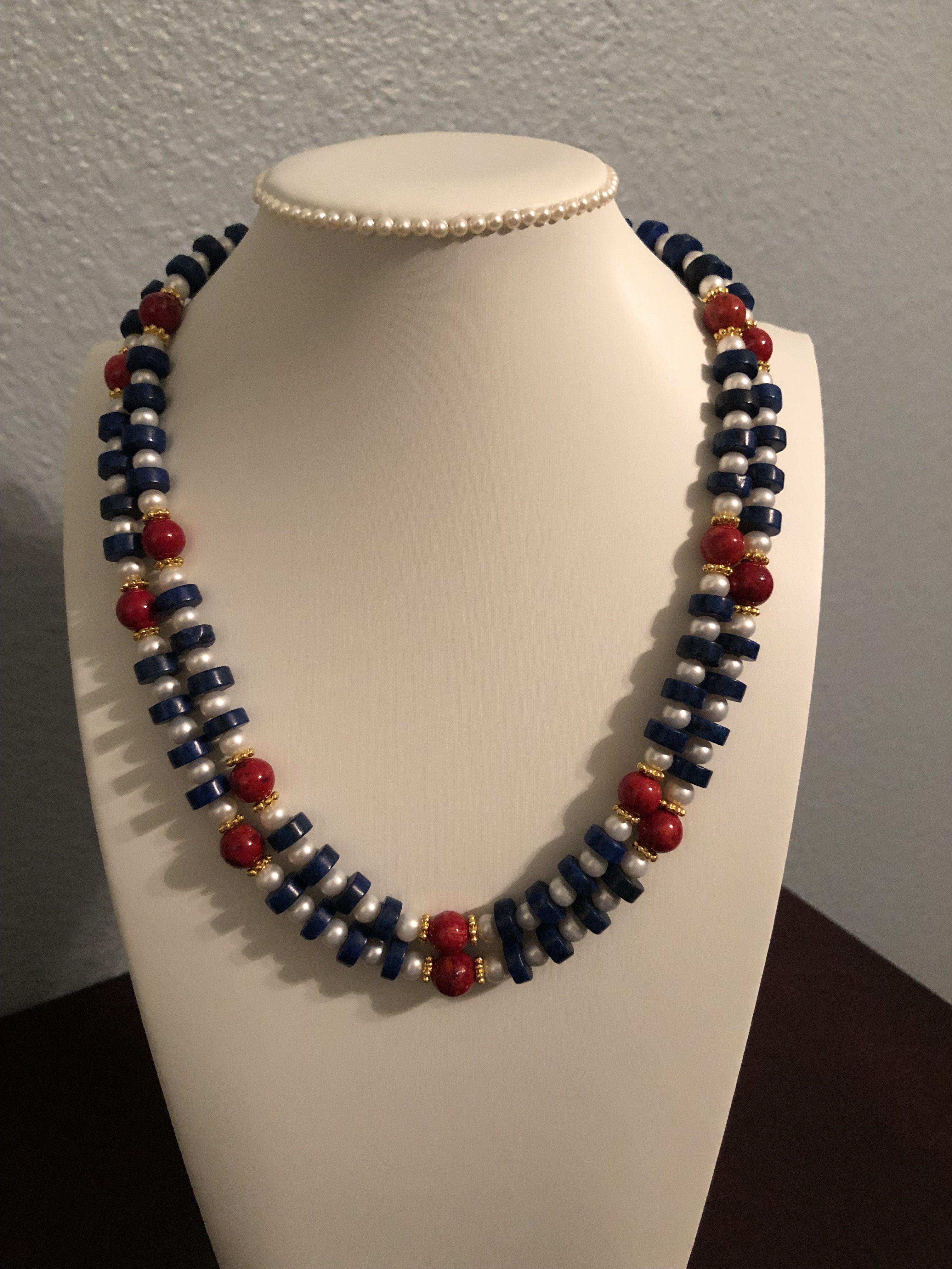Festive 4th of July necklace with red white and blue