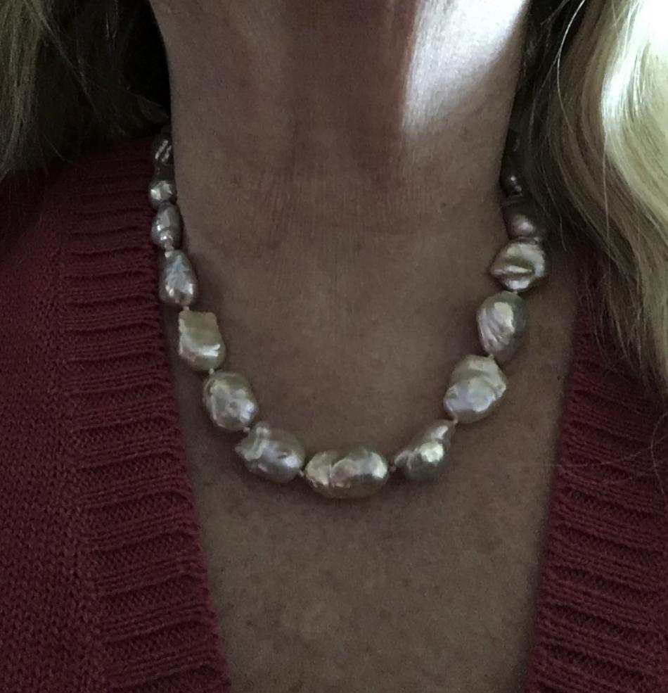 Wearing my strand of Pearl Paradise souffle pearls