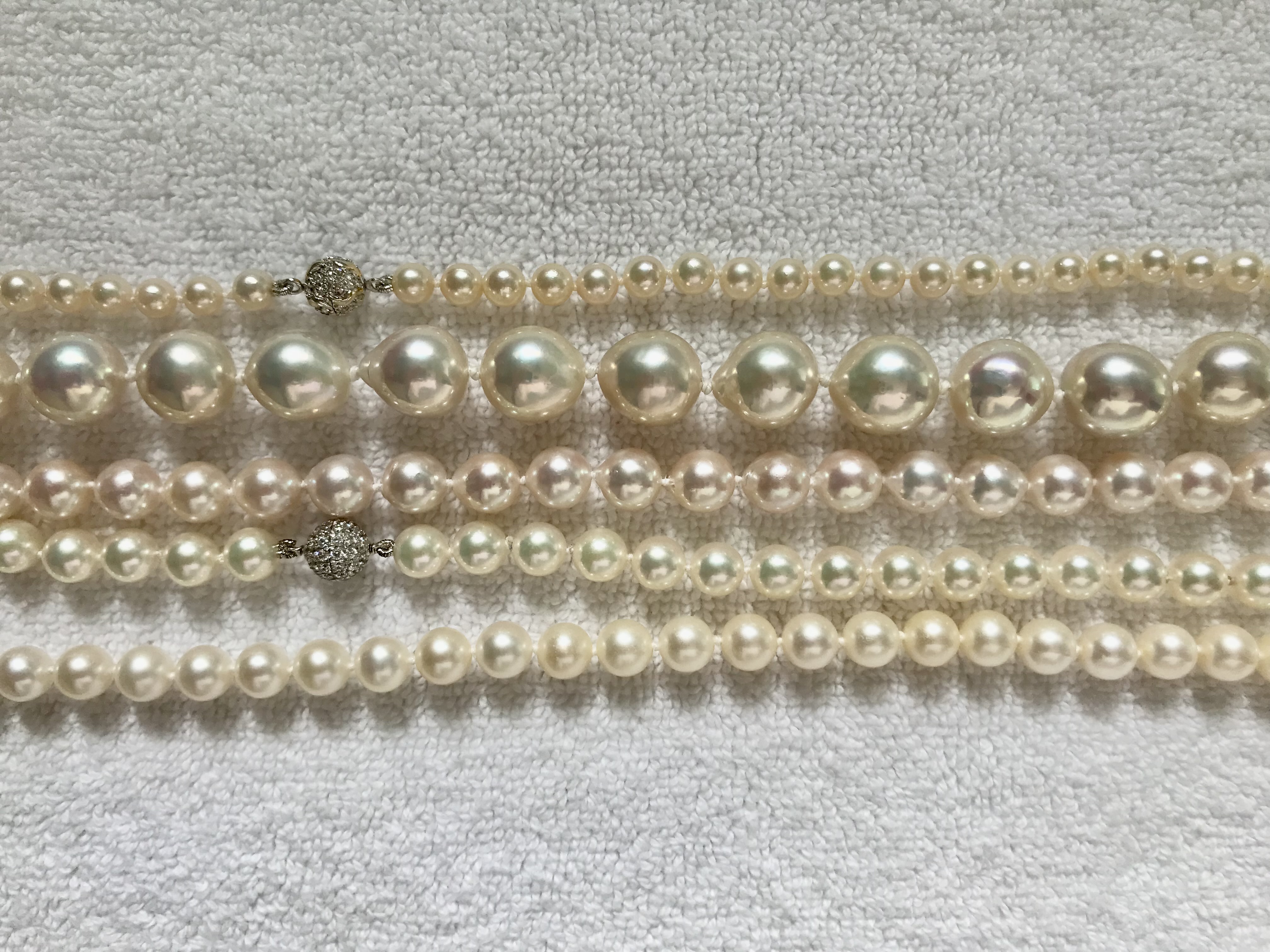 Top: First akoya bought in 1982 Second: Big baroque freshwater from Kojima Third: Baroque akoyas from Pearl Paradise Fourth: Natural white Hanadama rope from Pearl Paradise Fifth: Freshadamas from Pearl Paradise 2