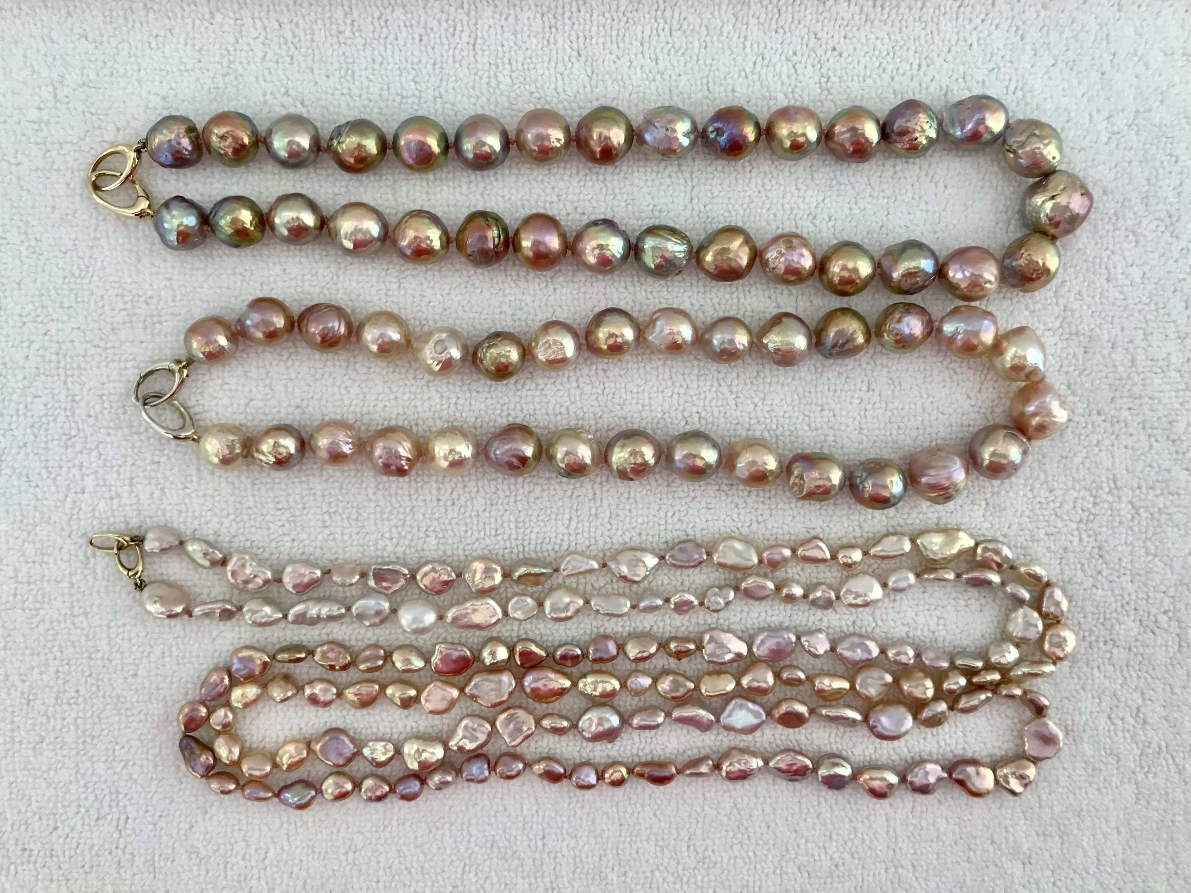 Top: Pacific Pearls Chinese freshwater ripples. Middle: Kojima Chinese freshwater ripples. Kojima long Ombre freshwater keshi strand
