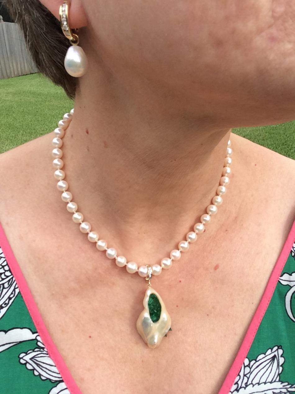 little h pendant with metallic drop pearl earrings