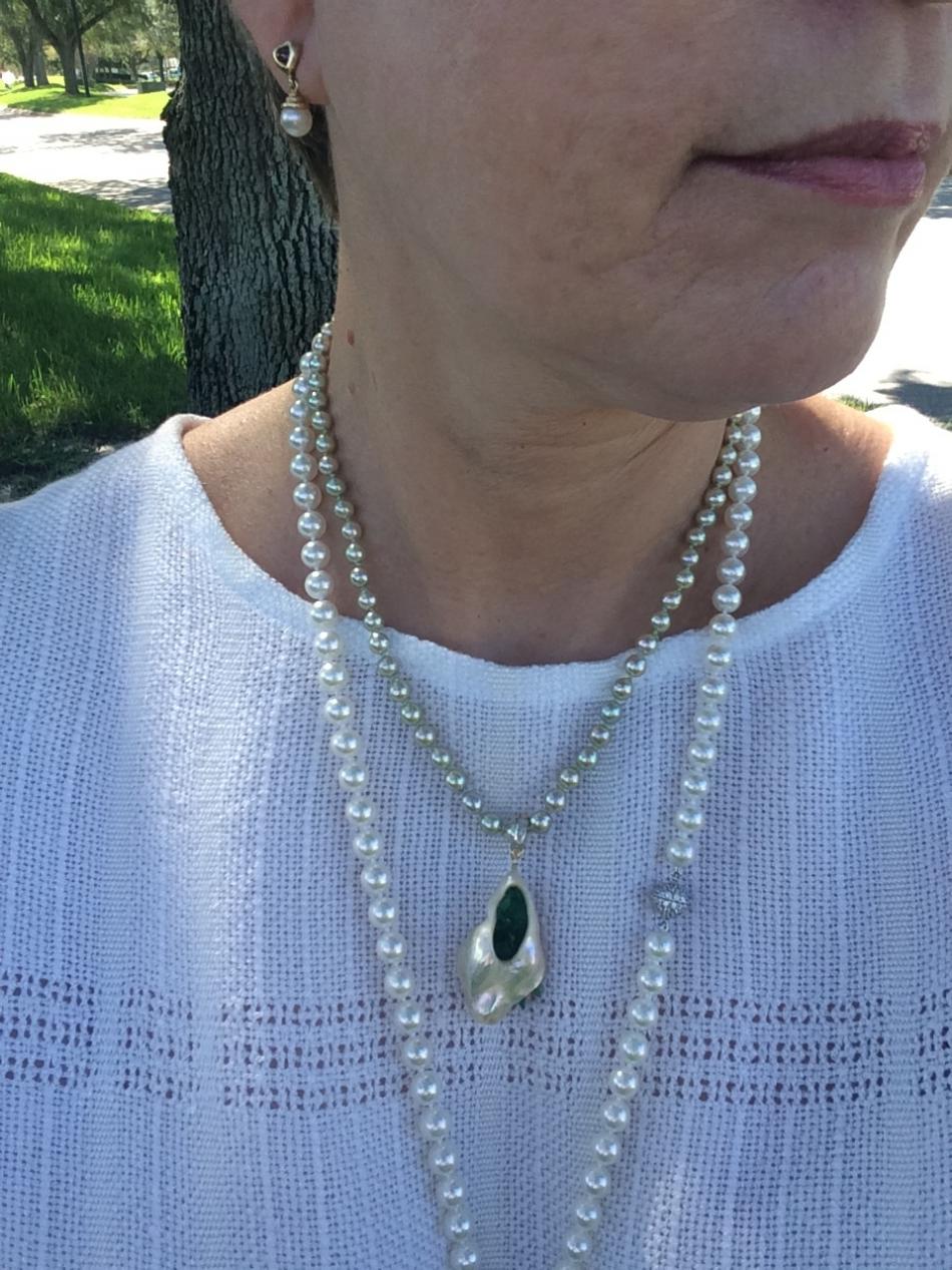 Natural white hanadama rope Pearl Paradise. Pistachio baroque akoyas, and my Little h emerald pendant