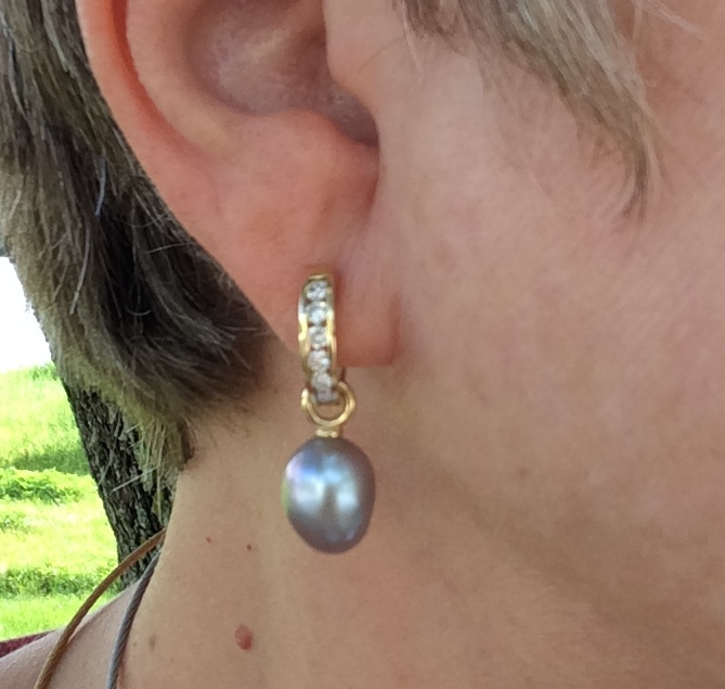diamond huggies with my baroque blue drops from Kojima