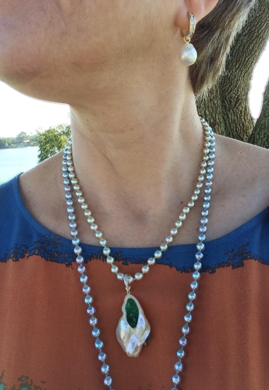 Dark blue Vietnamese akoya rope and pistachio necklace from PP. Souffle' and emerald pendant from little h.