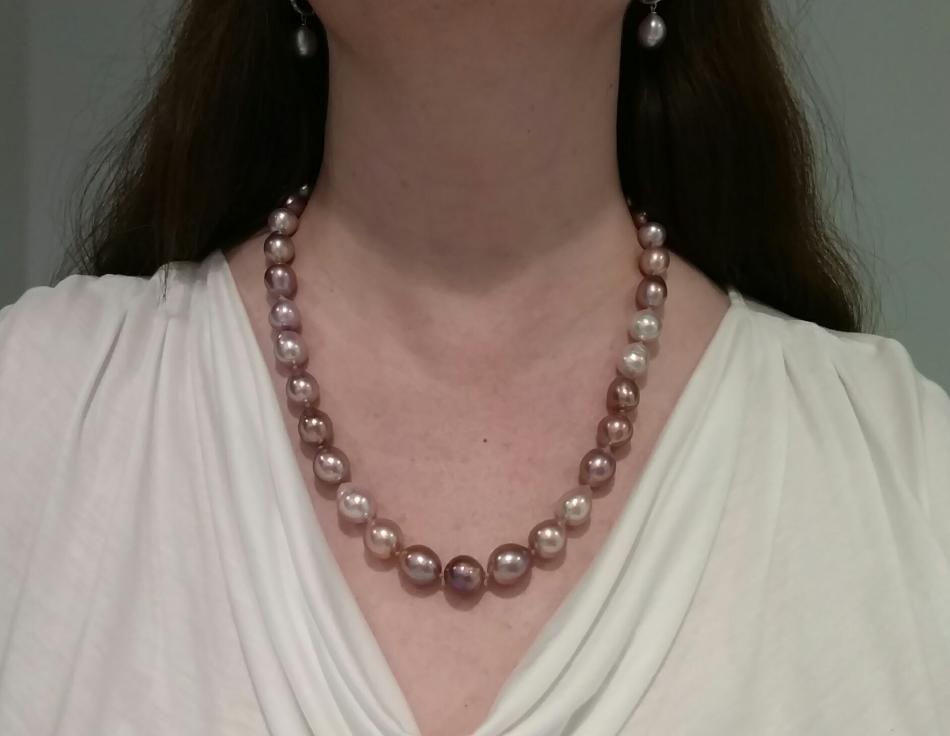 23 strand of 10-13mm FW drop pearls in shades that range from deep purple to petal pink, purchased from Sarah of Kojima at the 2016 Ruckus
