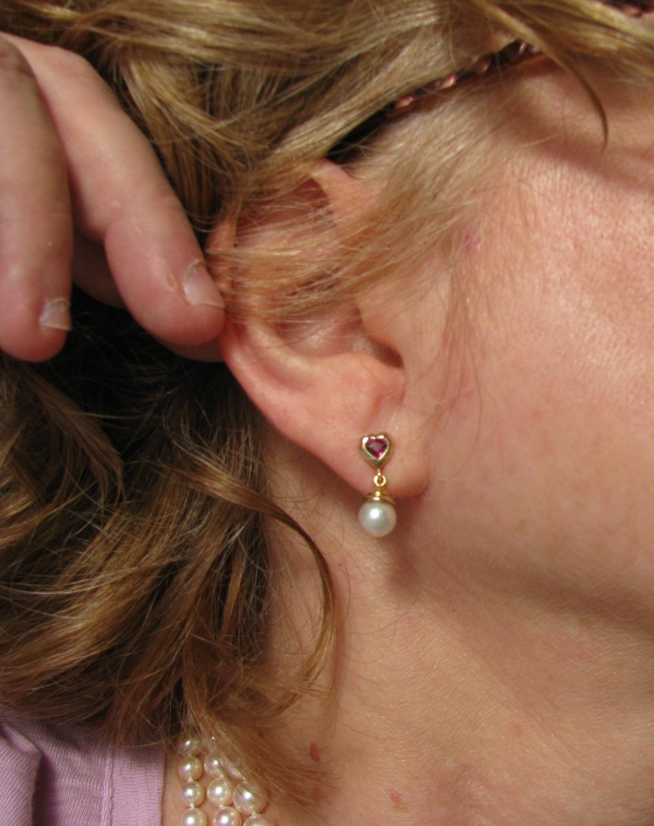 ruby hearts with akoya pearl drop earrings