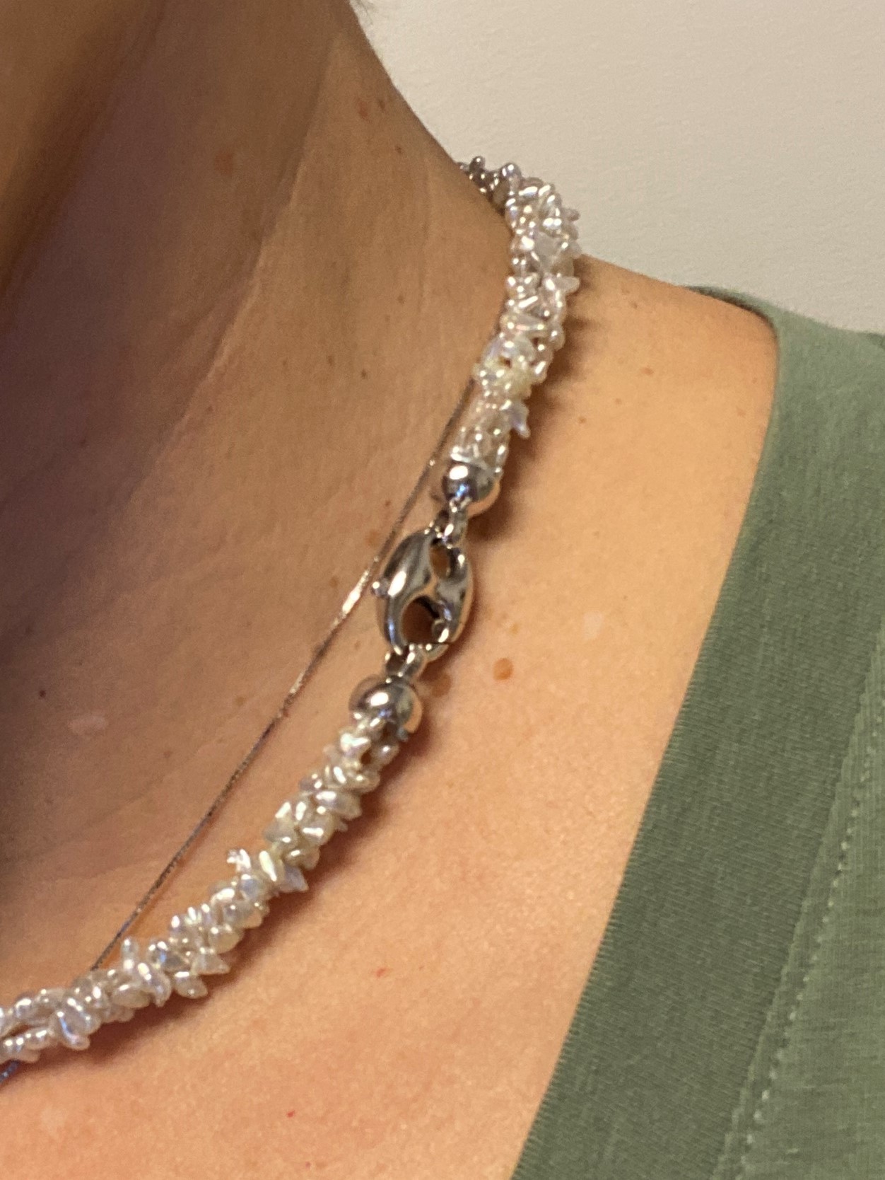 Tahitian pendant and my 3-strand Akoya silver Keshi rope close up