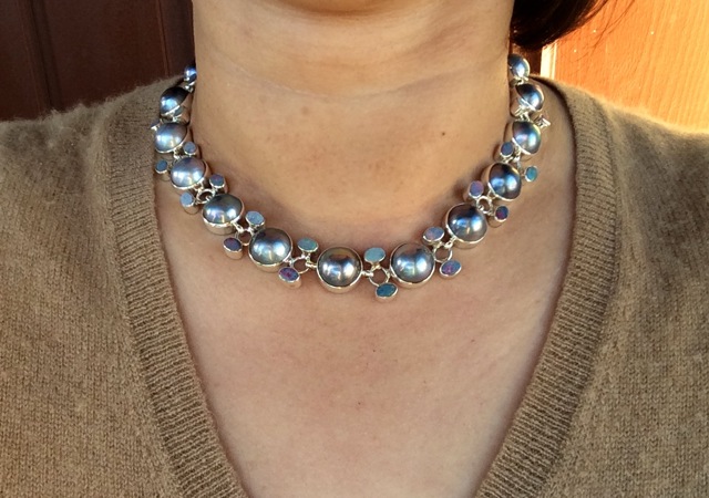 Wearing Mabe pearl and opal necklace from eBay
