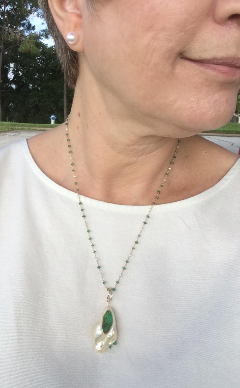 little h emerald and soufflé pearl enhancer worn with 9 mm Hanadama studs