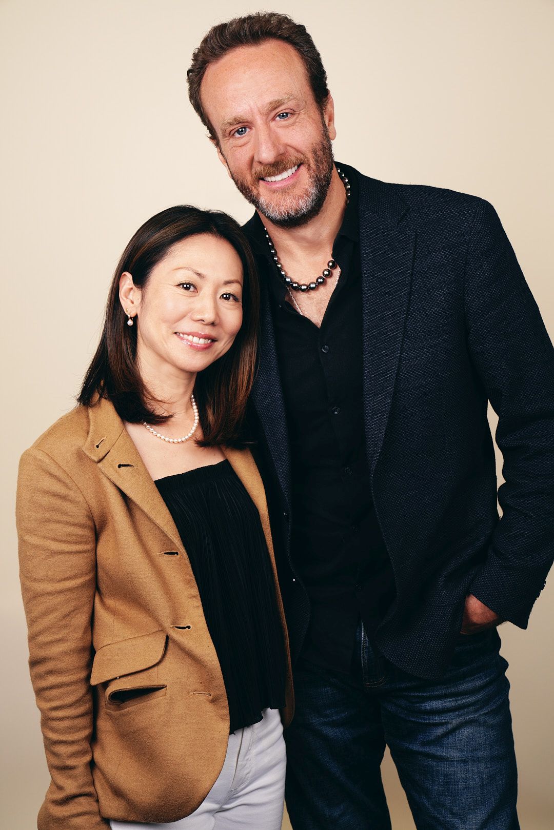 Hisano and Jeremy wearing pearls