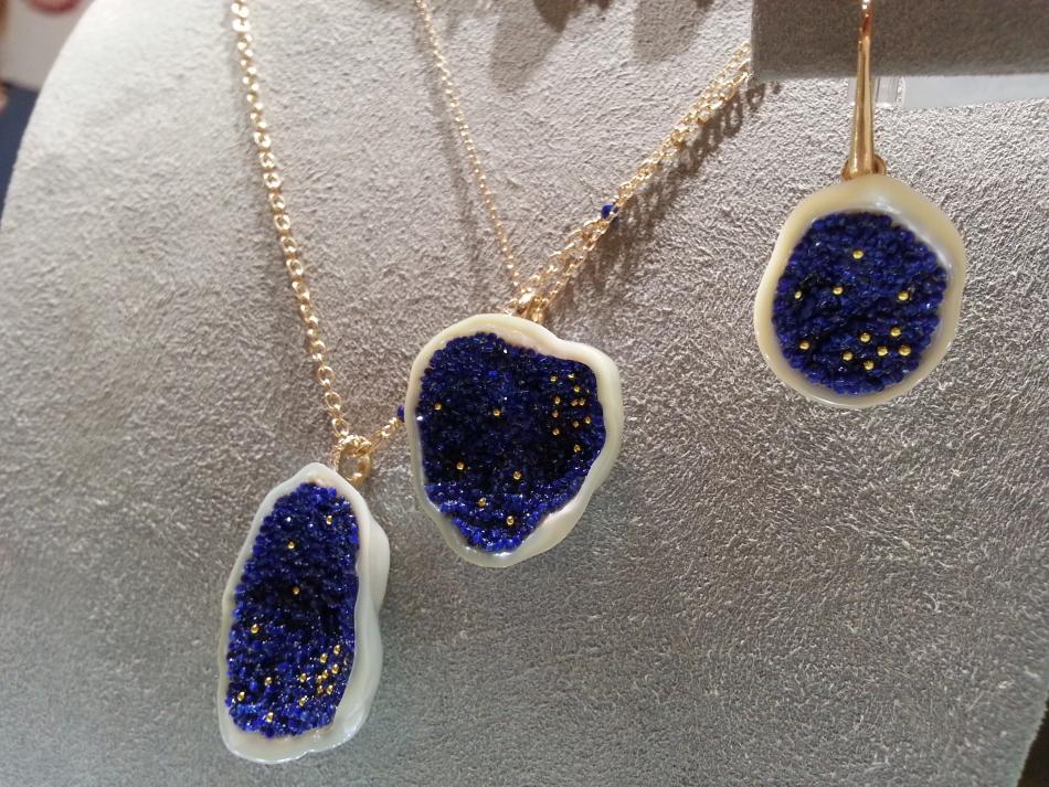 Three lapis pearl geode pendants by little h
