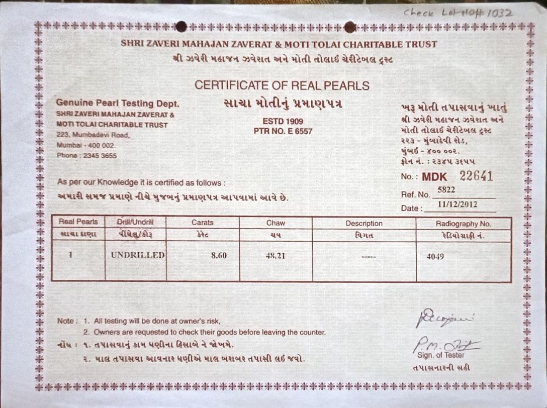 Natural Pearl Certificate