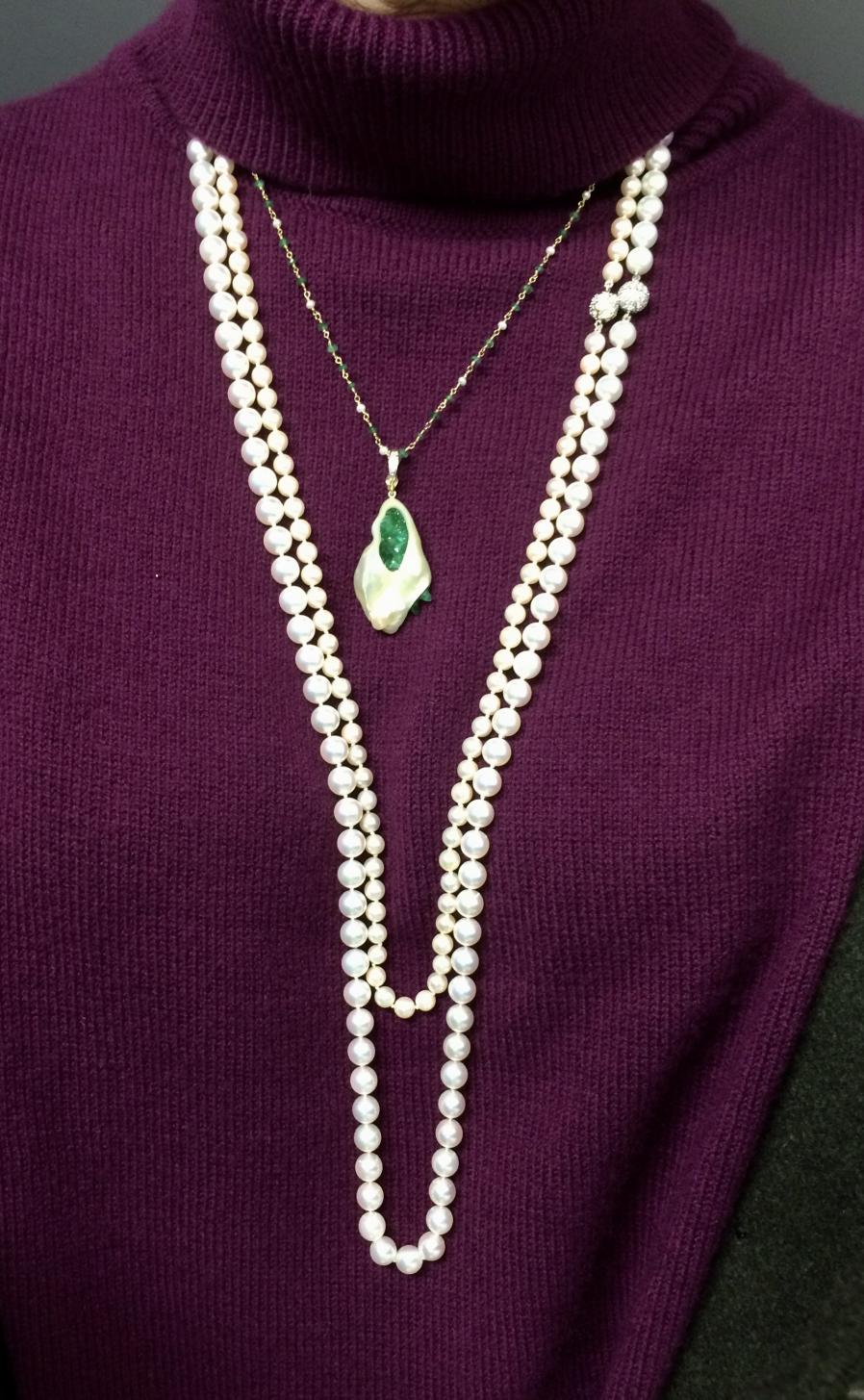 wearing layers of wool along with my natural white hanadama rope and studs from PParadise, my very first akoya rope, and my littleH emerald and souffle' enhancer and tincup