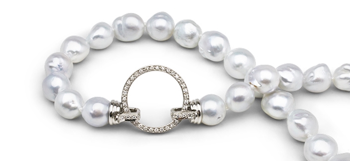 19 mm circle of diamonds with 2 fold-over clasp ends on Pearl Paradise South Sea