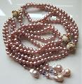 Rose Pink Freshwater Pearls Torsade Necklace With Lampwork Glass Beads