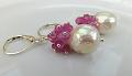 White kasumi like pearl earrings with pink sapphire cluster earrings