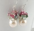 White kasumi like pearls with spring colour tourmaline cluster earrings