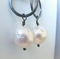 White kasumi like pearls on oxidized silver double ring earrings