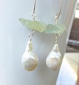 Flameball pearl and raw light green beryl gemstone shard earrings