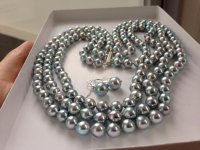 three row blue baroque akoya pearl strand with matching earrings