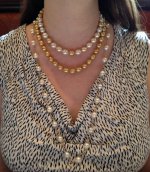 My 2 strands with Newberry?s tin cup. (I should have worn a plain black top for pictures.) I bought the WSS strand with the intention of turning it into a 40-42 tin cup Pearl Paradise