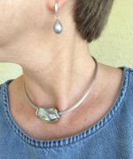 the Swan on the white gold knit choker with my Kojima blue grey drops attached to white topaz huggies