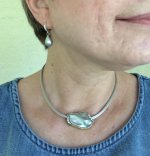 the Swan on the white gold knit choker with my Kojima blue grey drops attached to white topaz huggies
