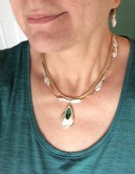 my reborn pearl necklace and earrings with a sleeve knit gold necklace and my little h emerald soufflé pendant
