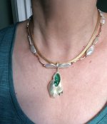 my reborn pearl necklace and earrings with gold necklace and my little h emerald soufflé pendant
