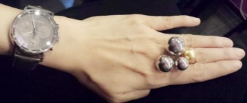 Gold South Sea pearl ring and a silver Solar ring made by Joanne Low local Singaporean jewellery designer