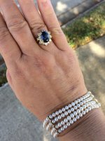pearl bracelet and sapphire ring
