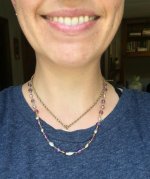 fancy cut amethyst and SoC keshi necklace worn