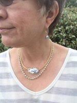 tiny pistachio akoyas from last year's Ruckus (2016) with The Swan on the gold choker and blue grey drops from Kojima on my oval hoops
