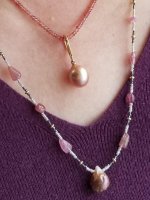 wearing dark lavender Kasumi pearl necklace from Kojima with metallic edison from Pearl Paradise