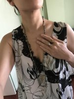 Tahitian keshi pearls from Sarah (strung by me), abalone horn and hawk necklace and earrings from Heather Benjamin. Vintage wonder woman ring from my mom, and natural Mississippi art nouveau ring adopted from Sheri